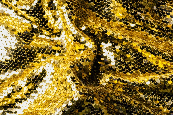 Bovenaanzicht Van Gele Textiel Met Glanzende Pailletten Als Achtergrond — Stockfoto