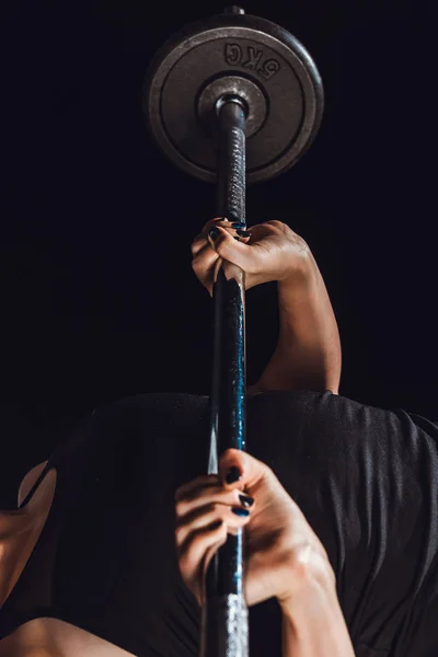 Cropped Image Female Athlete Doing Exercise Barbell Gym Black Background — Stock Photo, Image