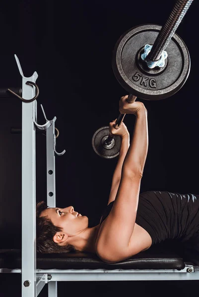 Young Sportswoman Exercising Barbell Black Background — Stock Photo, Image