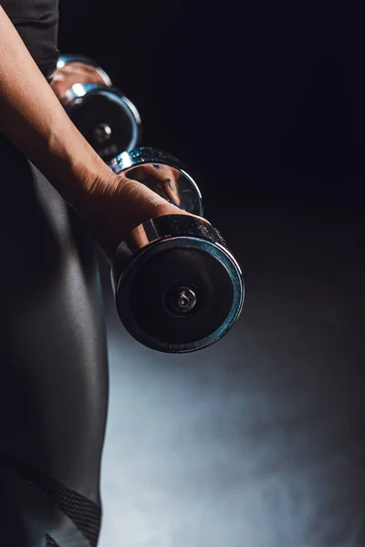 Partial View Sportswoman Working Out Dumbbells Black Background — Stock Photo, Image