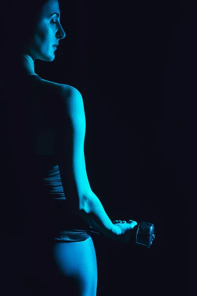 Toned Picture Young Sportswoman Exercising Dumbbell Black Background — Stock Photo, Image