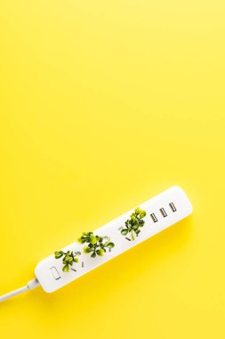 top view of socket outlet with twigs on yellow background, green energy concept  clipart