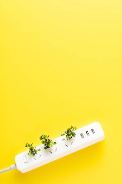 top view of socket outlet with green twigs on yellow background, renewable energy concept  clipart