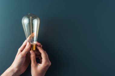 close-up partial view of person holding light bulb on grey background  clipart