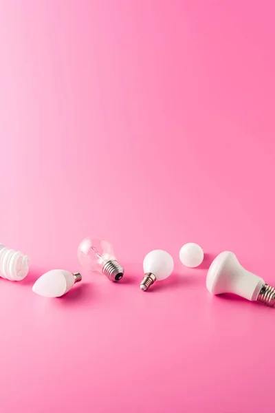 Various Types Light Bulbs Pink Background — Stock Photo, Image