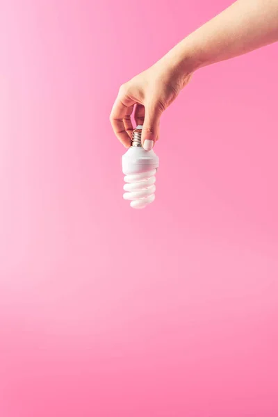 Close Partial View Person Holding Light Bulb Isolated Pink — Stock Photo, Image