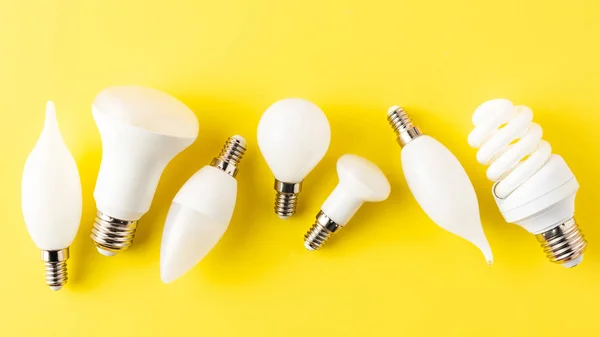 Top View Various Types Light Bulbs Yellow — Stock Photo, Image