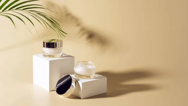 Close View Palm Leaf Facial Body Creams Glass Jars White — Stock Photo, Image