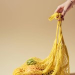 Partial view of person holding yellow string bag with fresh fruits on brown