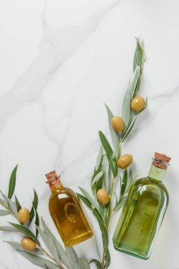 top view of bottles of olive oil and twigs with olives on marble table clipart