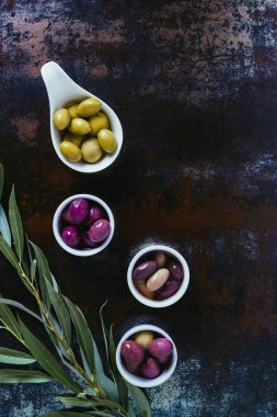 eski püskü yüzeyi zeytinyağı ve twigs için malzemelerin üstten görünüm 