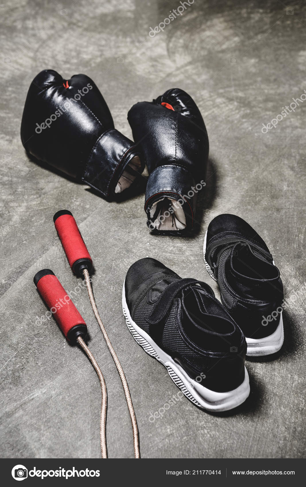 Sneakers Jumping Rope Boxing Gloves Concrete Surface — Stock Photo
