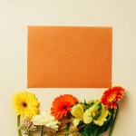 Flache Lage mit schönen Blumen und leeren orangefarbenen Karten auf beigem Hintergrund Flache Lage mit schönen Blumen und leeren orangefarbenen Karten auf beigem Hintergrund