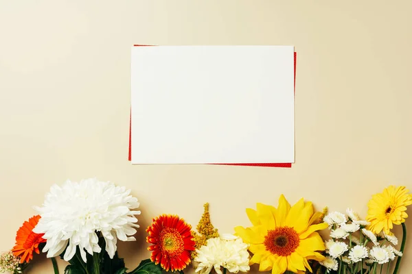 Flat Lay Arrangement Red White Blank Cards Various Flowers Beige — Stock Photo, Image