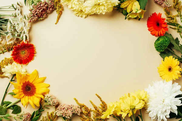 Flat Lay Com Vários Arranjos Flores Bonitas Com Espaço Branco — Fotografia de Stock