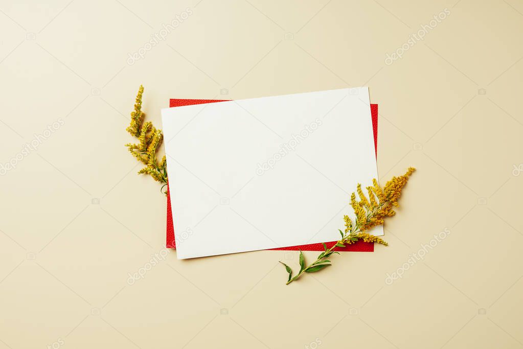 flat lay with arrangement of red and white blank cards and wildflowers on beige backdrop