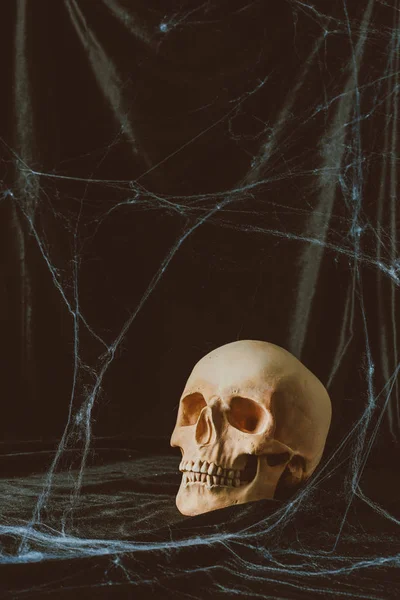 Gruseliger Halloween Totenkopf Auf Schwarzem Tuch Mit Spinnennetz — Stockfoto