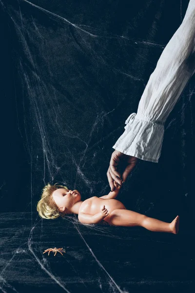 Cropped View Spooky Woman Holding Creepy Doll Darkness Spider Web — Stock Photo, Image