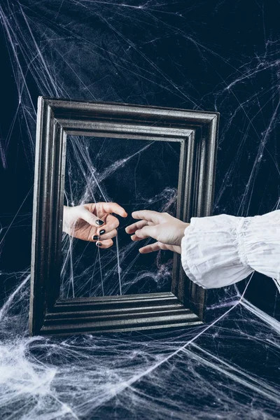Cropped View Woman Touching Reflection Mirror Scary Spider Web — Stock Photo, Image