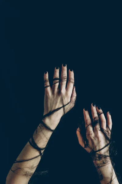 Cropped view of female hands in black spider web isolated on black — Stock Image Cropped View Female Hands Black Spider Web Isolated Black Stock Picture