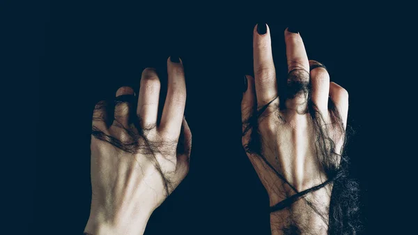 Close up of female hands in black spider web isolated on black — Stock Image Close Female Hands Black Spider Web Isolated Black Royalty Free Stock Photos