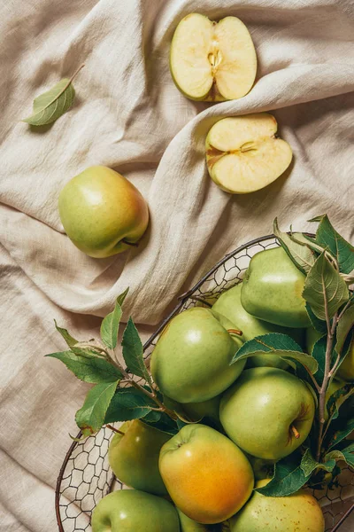 Top View Organic Apples Metal Basket Leaves Sacking Cloth — Stock Photo, Image