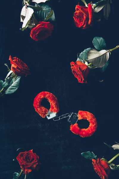 红色蓬松的手铐和美丽的玫瑰在黑色的顶部视图 — 图库照片