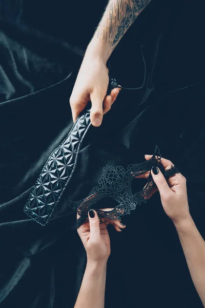 Cropped Shot Couple Holding Black Lace Mask Leather Spanking Paddle — Stock Photo, Image