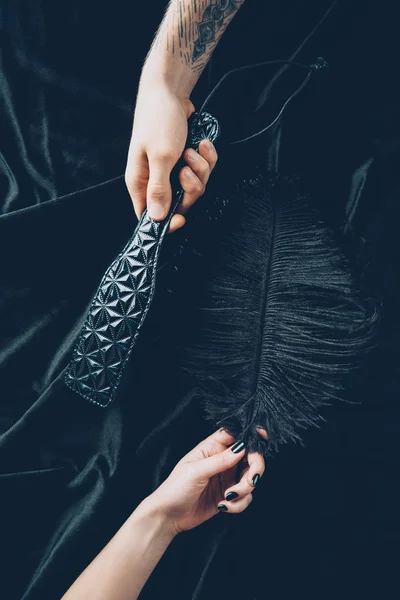Cropped Shot Couple Holding Black Feather Leather Spanking Paddle — Stock Photo, Image