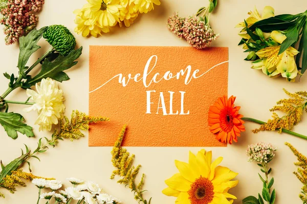 Flat Lay Various Wildflowers Orange Card Welcome Fall Lettering Beige — Stock Photo, Image