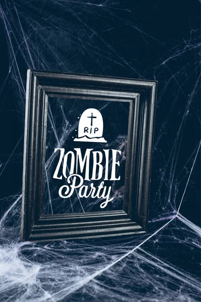 Zwart Frame Spinnenweb Griezelig Halloween Decor Met Zombie Partij Belettering — Stockfoto