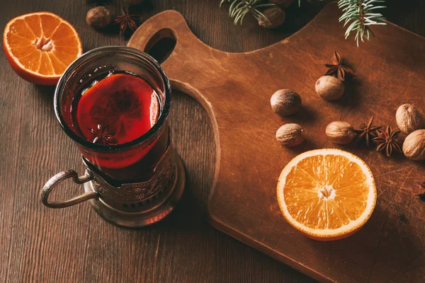 Hot Mulled Wine Spices Orange Glass Cup Wooden Background — Stock Photo, Image