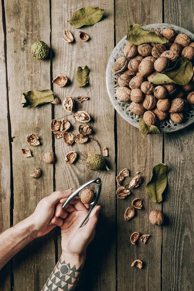 Cropped Shot Person Holding Nutcracker Wooden Table Walnuts — Stock Photo, Image