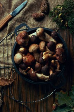 top view of assorted raw mushrooms in pan, knife and sackcloth on wooden table clipart