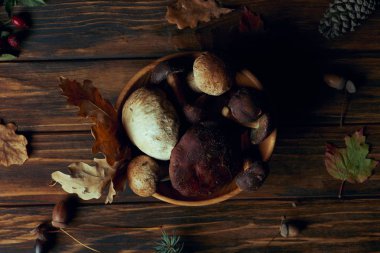 top view of fresh picked natural mushrooms in bowl on wooden table  clipart