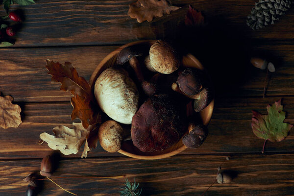 top view of fresh picked natural mushrooms in bowl on wooden table 