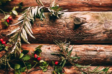 flat lay with autumn arrangement with common sea buckthorn and briar branches on wooden backdrop clipart