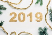 Jahresschild 2019 von oben aus goldenen Glitzern, Girlanden und Tannenzweigen auf weißem Hintergrund