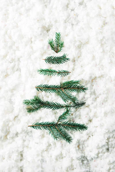Top View Green Pine Tree Branches Arranged White Cotton Wool — Stock Photo, Image