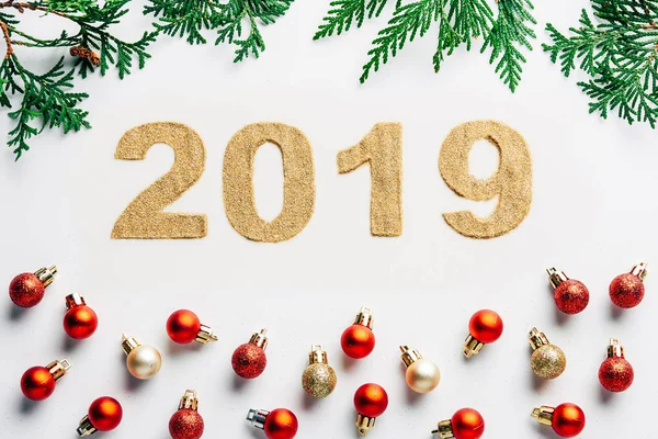 Top View 2019 Year Sign Pine Tree Branches Christmas Balls — Stock Photo, Image