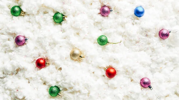 Top View Colorful Christmas Toys White Cotton Wool Background — Stock Photo, Image