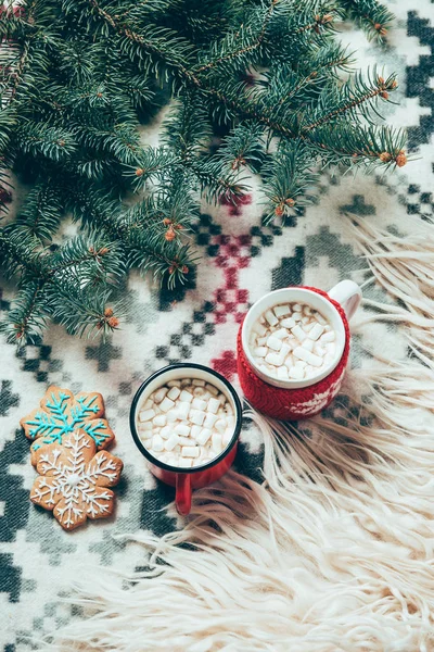 Top View Cups Hot Drinks Marshmallows Cookies Blanket Background Christmas — Stock Photo, Image