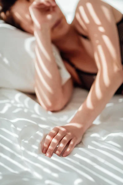 Part View Woman Black Underwear Sleeping Bed — стоковое фото