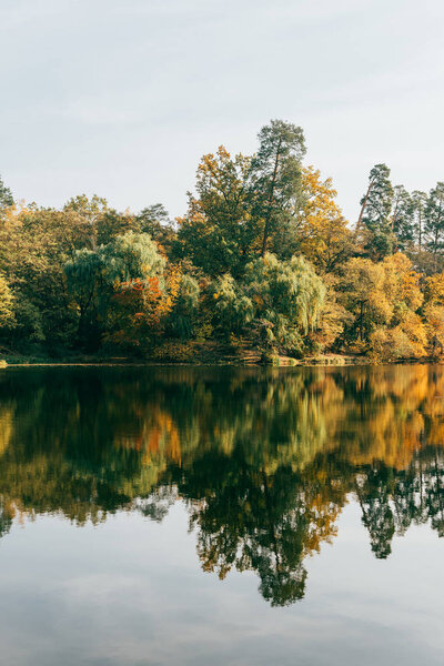 beautiful autumal landscape with colorful trees and lake