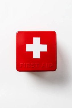 top view of first aid kit red box isolated on white  clipart
