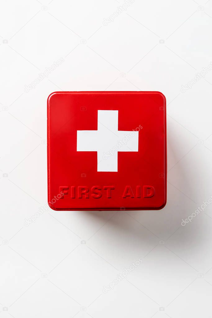 top view of first aid kit red box isolated on white 