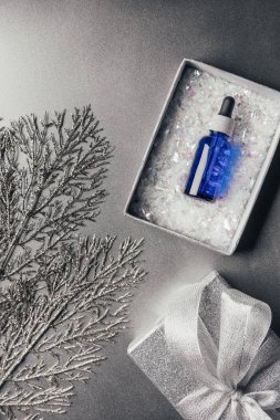 Noel hediye kutusu serum ve dekore edilmiş dalları ile üstten görünüm üzerinde gümüş