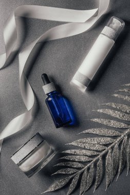 Gümüş losyon, güzellik kremi, serum ve kurdele ile dekore edilmiş şube yükseltilmiş görünümü 