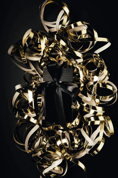 Close View Black Perfume Bottle Bow Shiny Golden Ribbons Black — Stock Photo, Image