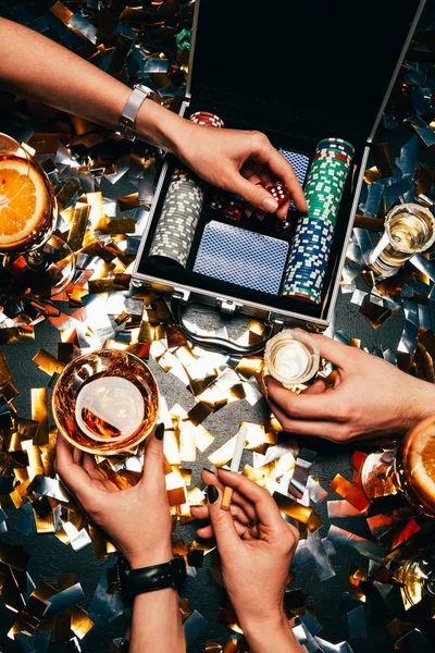 Partial View Friends Celebrating Alcohol Cigarettes Playing Cards Table Covered — Stock Photo, Image